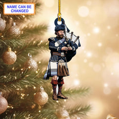 Comrie Navy Blue Modern Tartan Bagpipe Ornament with Custom Name