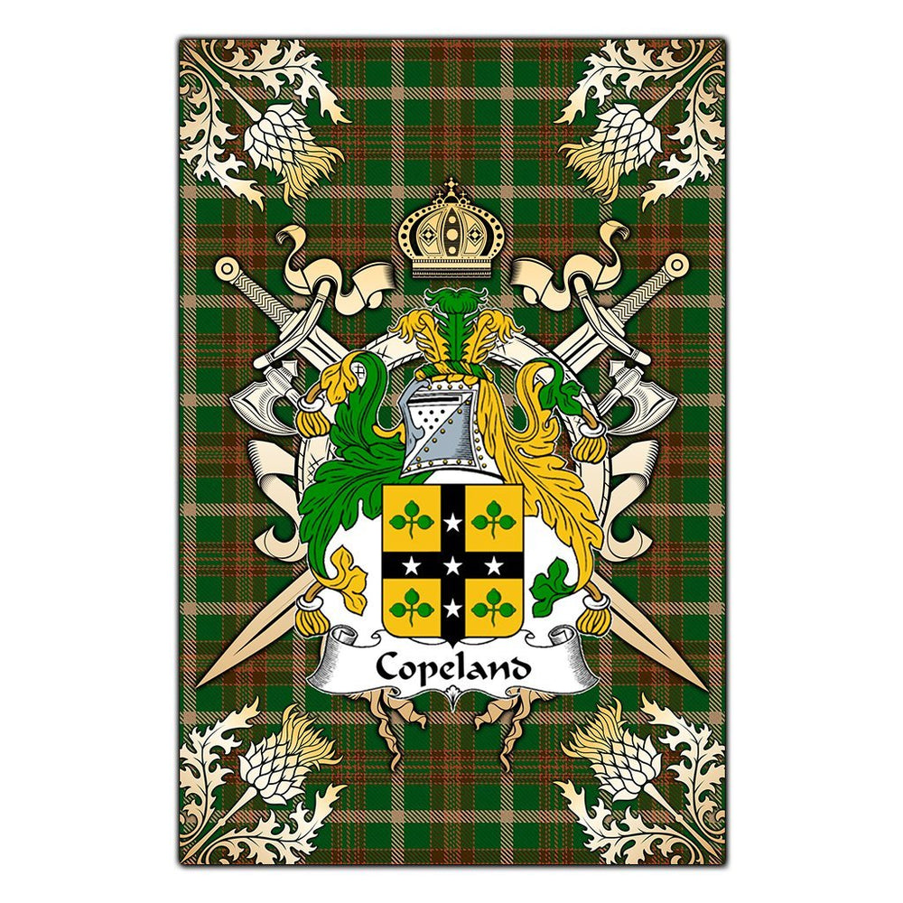 Clan Copeland Tartan Crest Black Garden Flag - Gold Thistle QL59 Clan Hall Tartan Today
