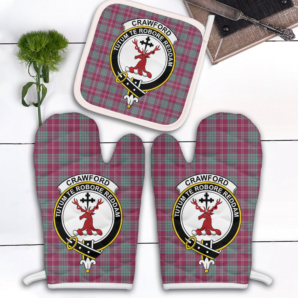 Clan Crawford Ancient Tartan Crest Oven Mitt And Pot Holder (2 Oven Mitts + 1 Pot Holder) RT46 Clan Crawford Tartan Today