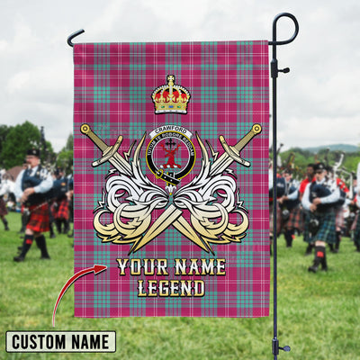 Custom Name Clan Crawford Ancient Tartan Garden Flag with Clan Crest and the Golden Sword of Courageous Legacy