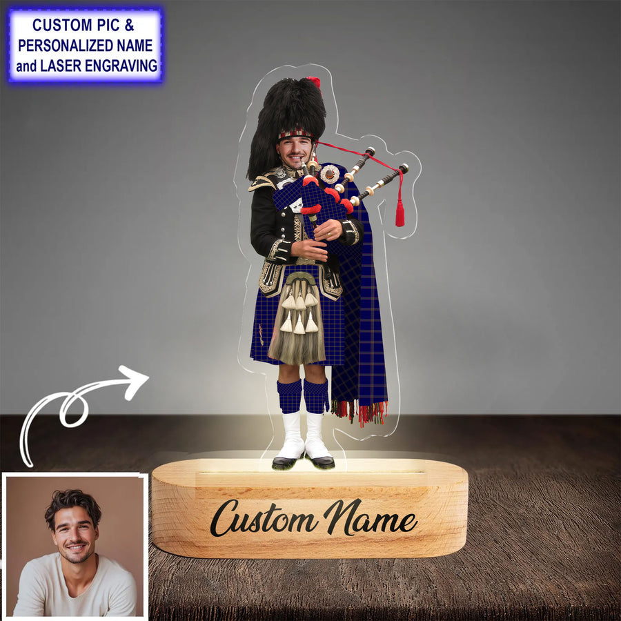 Custom Bagpipe Crichton Tartan LED Night Light - Personalized Scottish Bagpiper Figurine with Wooden Stand