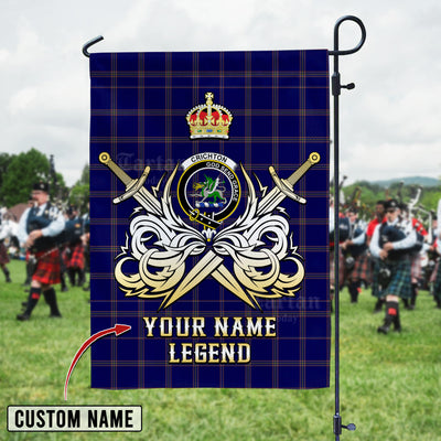 Custom Name Clan Crichton Tartan Garden Flag with Clan Crest and the Golden Sword of Courageous Legacy