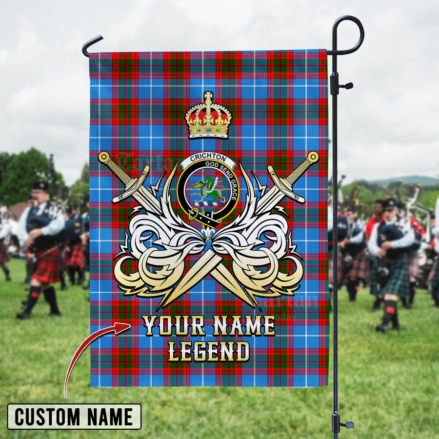 Personalized Custom Name Clan Crichton District Tartan Garden Flag with Clan Crest and the Golden Sword of Courageous Legacy KW20 - Crichton District Tartan Design, Scottish Heritage Gift