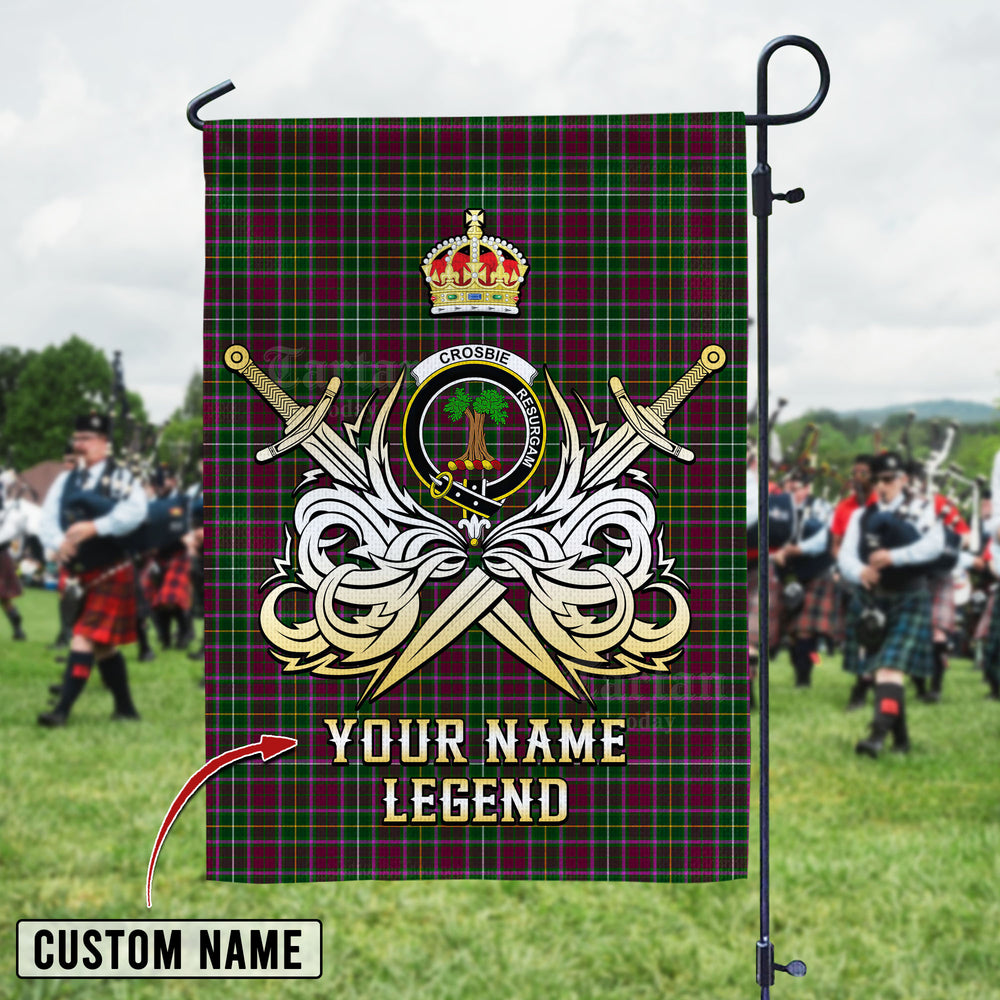 Personalized Custom Name Clan Crosbie Tartan Garden Flag with Clan Crest and the Golden Sword of Courageous Legacy HV47 - Crosbie Tartan Design, Scottish Heritage Gift