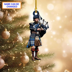 Culloden Dress Blue Modern Tartan Bagpipe Ornament with Custom Name