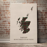 Cumming Hunting Ancient Tartan Scotland Map Canvas – “Tartan Runs Through My Veins” Wall Art