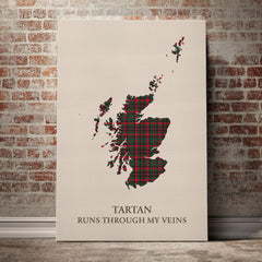 Cumming Hunting Modern Tartan Scotland Map Canvas – “Tartan Runs Through My Veins” Wall Art