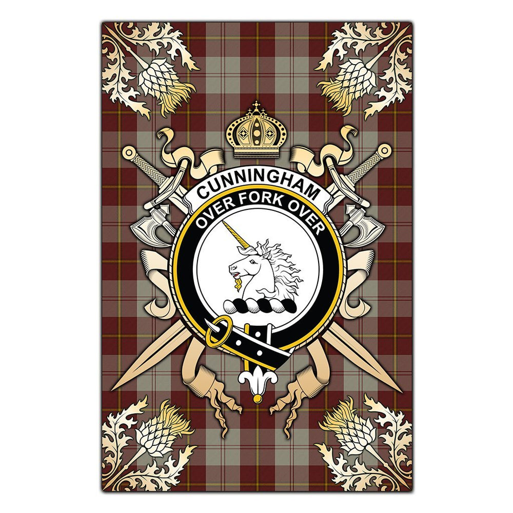Clan Cunningham Burgundy Dancers Tartan Crest Black Garden Flag - Gold Thistle VW46 Clan Cunningham Tartan Today