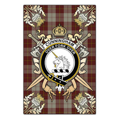 Clan Cunningham Burgundy Dancers Tartan Crest Black Garden Flag - Gold Thistle VW46 Clan Cunningham Tartan Today