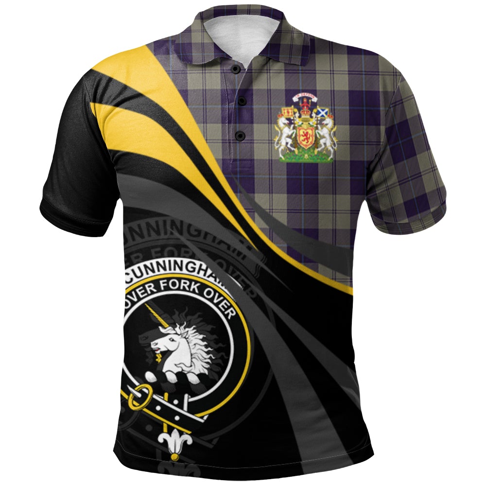 Clan Cunningham Dress Blue Dancers Tartan Polo Shirt - Royal Coat Of Arms Style PE44 Cunningham Dress Blue Dancers Tartan Tartan Polo