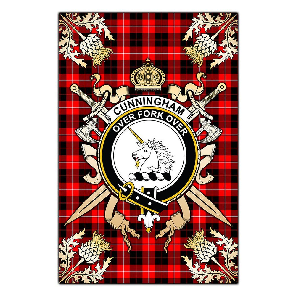 Clan Cunningham Modern Tartan Crest Black Garden Flag - Gold Thistle EJ13 Clan Cunningham Tartan Today
