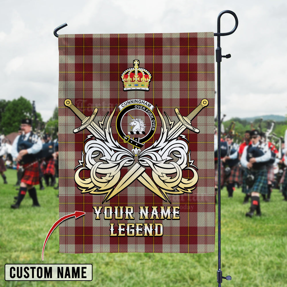 Personalized Custom Name Clan Cunningham Burgundy Dancers Tartan Garden Flag with Clan Crest and the Golden Sword of Courageous Legacy EW96 - Cunningham Burgundy Dancers Tartan Design, Scottish Heritage Gift