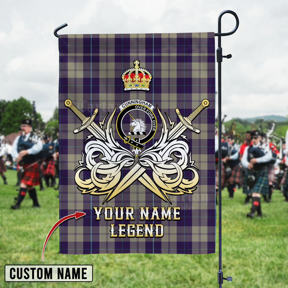 Personalized Custom Name Clan Cunningham Dress Blue Dancers Tartan Garden Flag with Clan Crest and the Golden Sword of Courageous Legacy UZ49 - Cunningham Dress Blue Dancers Tartan Design, Scottish Heritage Gift