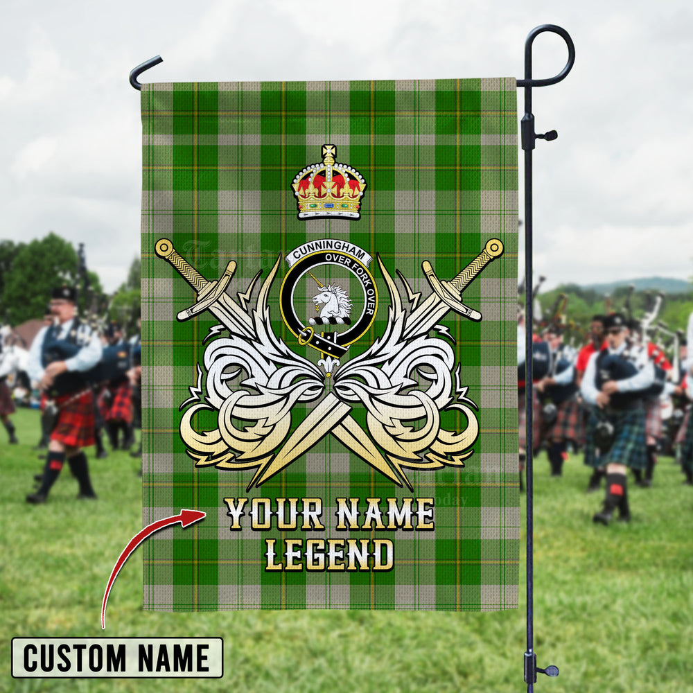 Personalized Custom Name Clan Cunningham Dress Green Dancers Tartan Garden Flag with Clan Crest and the Golden Sword of Courageous Legacy WK59 - Cunningham Dress Green Dancers Tartan Design, Scottish Heritage Gift