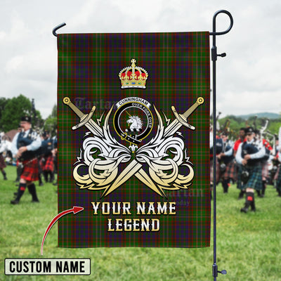 Custom Name Clan Cunningham Hunting Modern Tartan Garden Flag with Clan Crest and the Golden Sword of Courageous Legacy