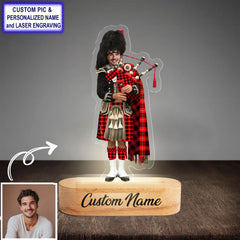 Custom Bagpipe Cunningham Modern Tartan LED Night Light - Personalized Scottish Bagpiper Figurine with Wooden Stand