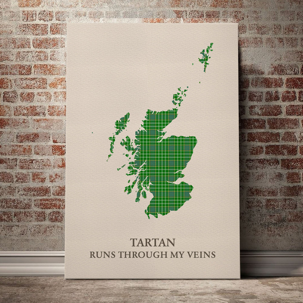Currie Tartan Scotland Map Canvas – “Tartan Runs Through My Veins” Wall Art