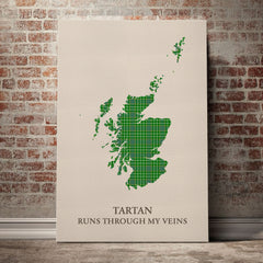 Currie Tartan Scotland Map Canvas – “Tartan Runs Through My Veins” Wall Art