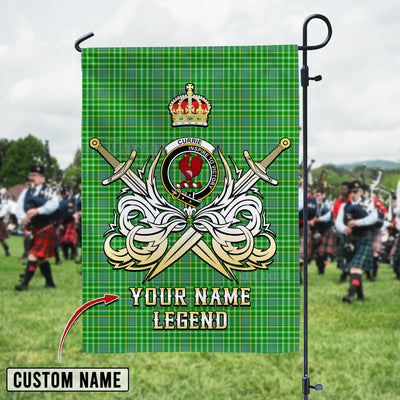 Custom Name Clan Currie Tartan Garden Flag with Clan Crest and the Golden Sword of Courageous Legacy