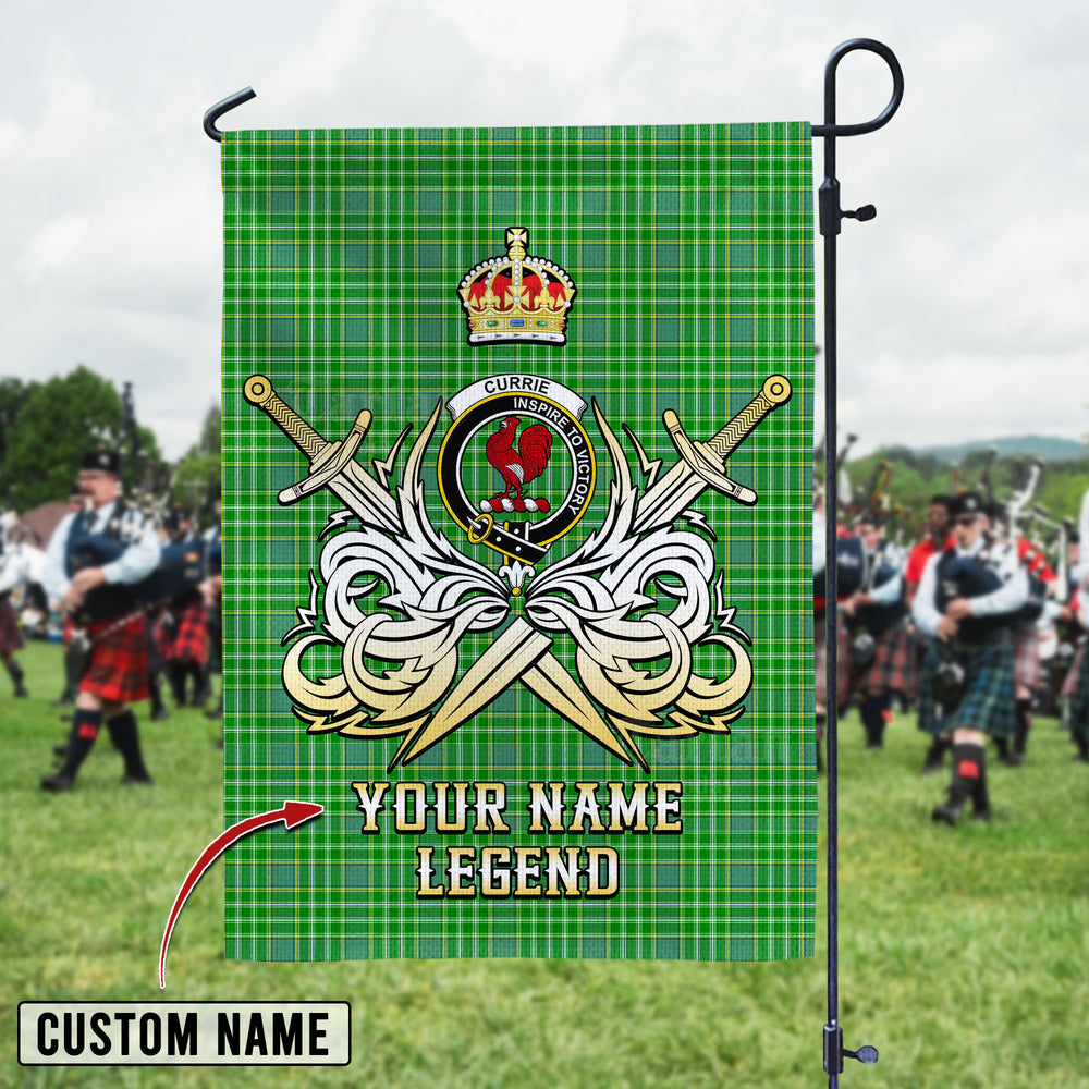 Personalized Custom Name Clan Currie Tartan Garden Flag with Clan Crest and the Golden Sword of Courageous Legacy PM70 - Currie Tartan Design, Scottish Heritage Gift