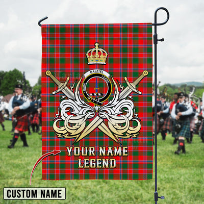 Custom Name Clan Dalziel Modern Tartan Garden Flag with Clan Crest and the Golden Sword of Courageous Legacy
