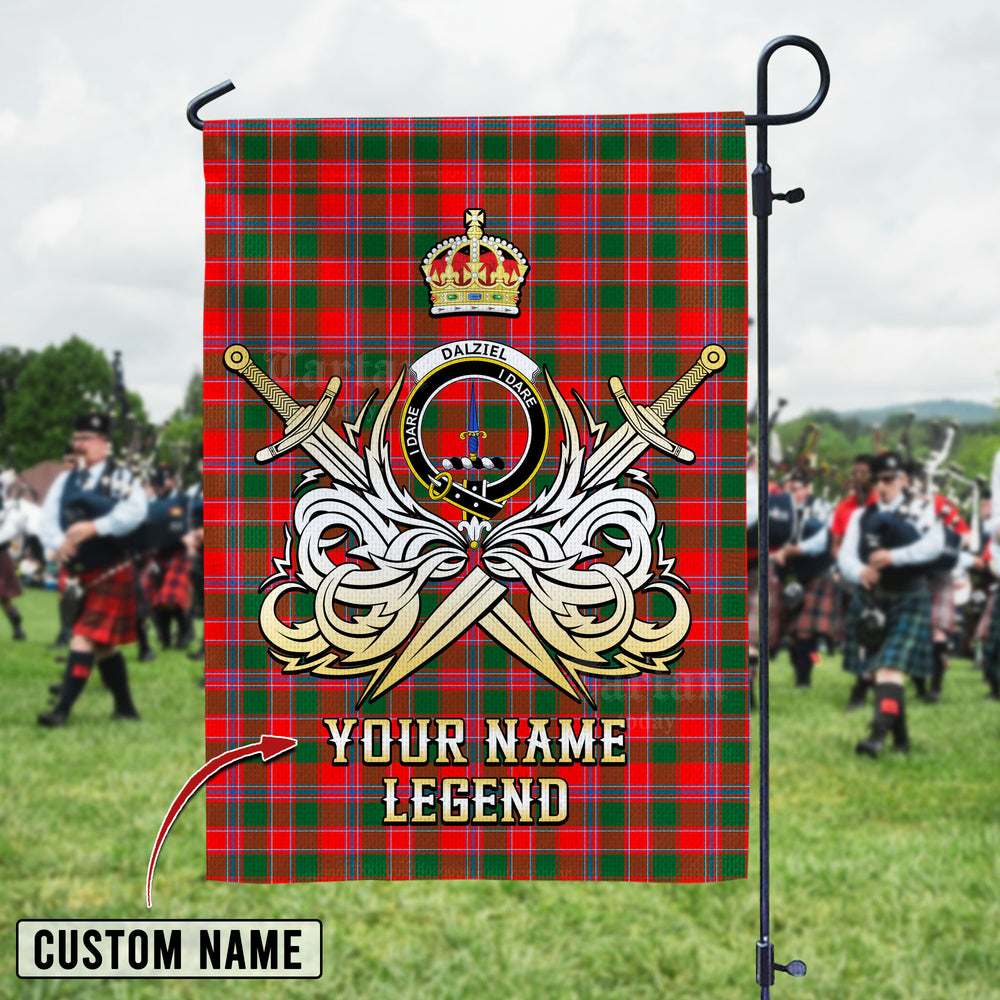 Personalized Custom Name Clan Dalziel Modern Tartan Garden Flag with Clan Crest and the Golden Sword of Courageous Legacy ES73 - Dalziel Modern Tartan Design, Scottish Heritage Gift