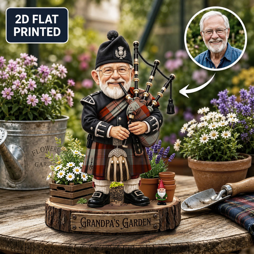 Personalized Davidson Dress Dancers Clan Bagpipe Garden Gnome Caricature Plaque Custom Photo, Any Clan Tartan, Wood or Acrylic, Grandpa & Dad Gift, Scottish Highland Garden Decor ML88