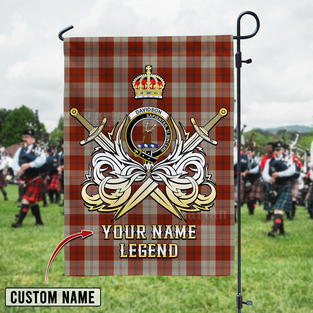 Personalized Custom Name Clan Davidson Dress Dancers Tartan Garden Flag with Clan Crest and the Golden Sword of Courageous Legacy DW41 - Davidson Dress Dancers Tartan Design, Scottish Heritage Gift