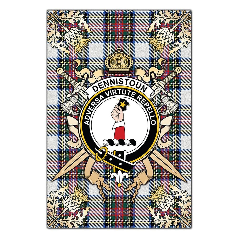 Clan Dennistoun Tartan Crest Black Garden Flag - Gold Thistle GO90 Clan Dennistoun Tartan Today