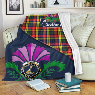 Clan Dewar Tartan Crest Premium Blanket Thistle Style