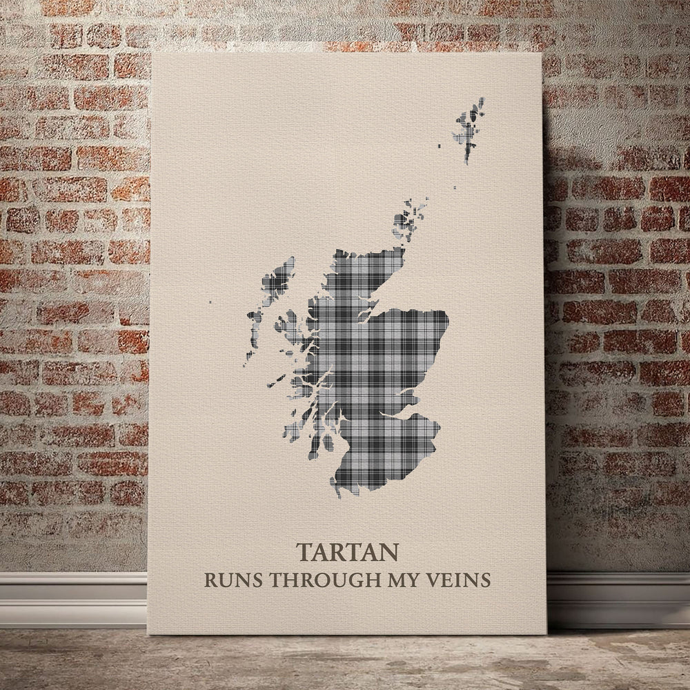 Douglas Grey Modern Tartan Scotland Map Canvas – “Tartan Runs Through My Veins” Wall Art