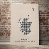 Douglas Grey Modern Tartan Scotland Map Canvas – “Tartan Runs Through My Veins” Wall Art