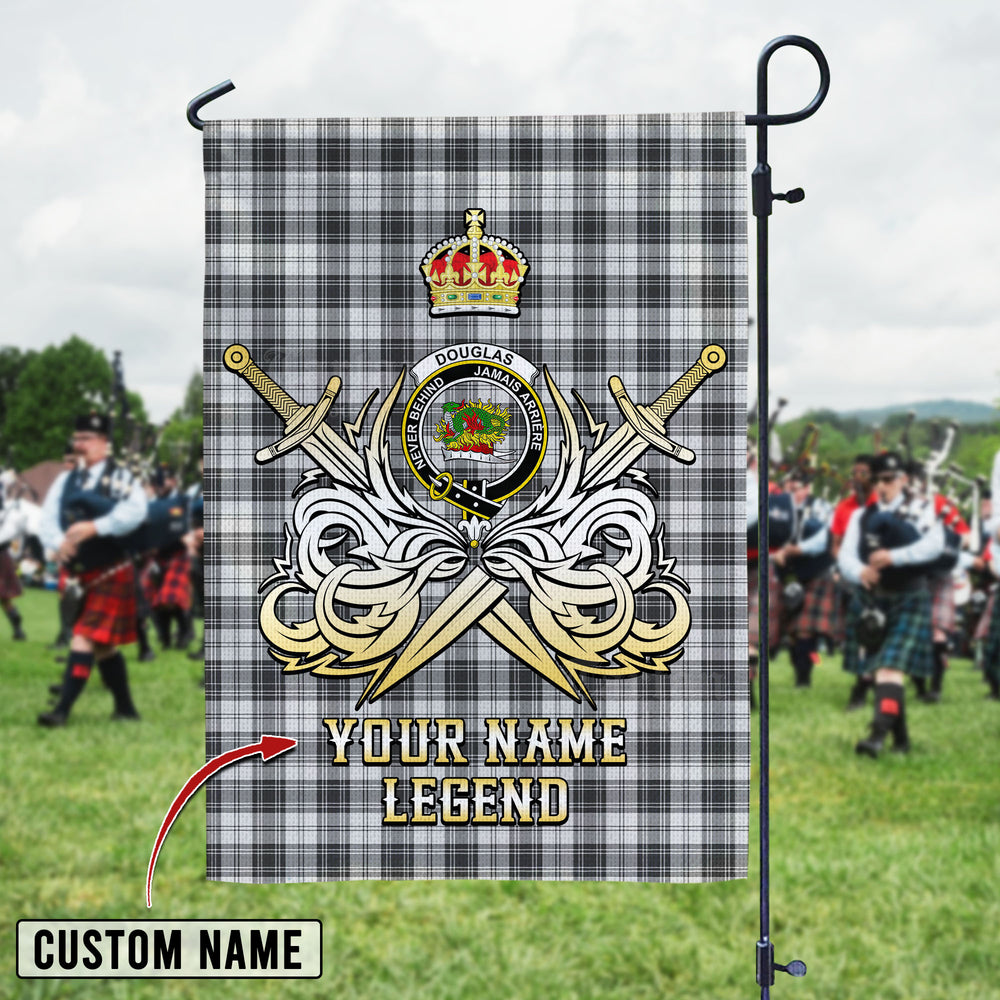 Personalized Custom Name Clan Douglas Grey Modern Tartan Garden Flag with Clan Crest and the Golden Sword of Courageous Legacy GF70 - Douglas Grey Modern Tartan Design, Scottish Heritage Gift