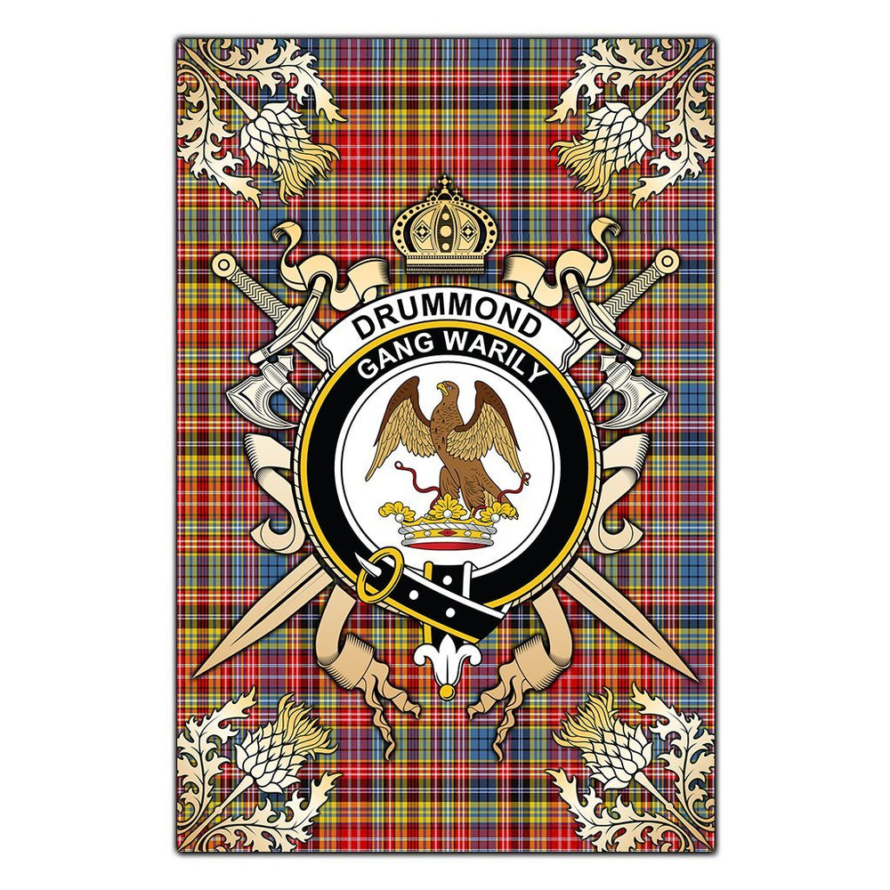 Clan Drummond of Strathallan Tartan Crest Black Garden Flag - Gold Thistle LF84 Clan Hall Tartan Today
