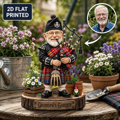Personalized Drummond of Strathallan Clan Bagpipe Garden Gnome Caricature Plaque Custom Photo, Any Clan Tartan, Wood or Acrylic, Grandpa & Dad Gift, Scottish Highland Garden Decor LD40