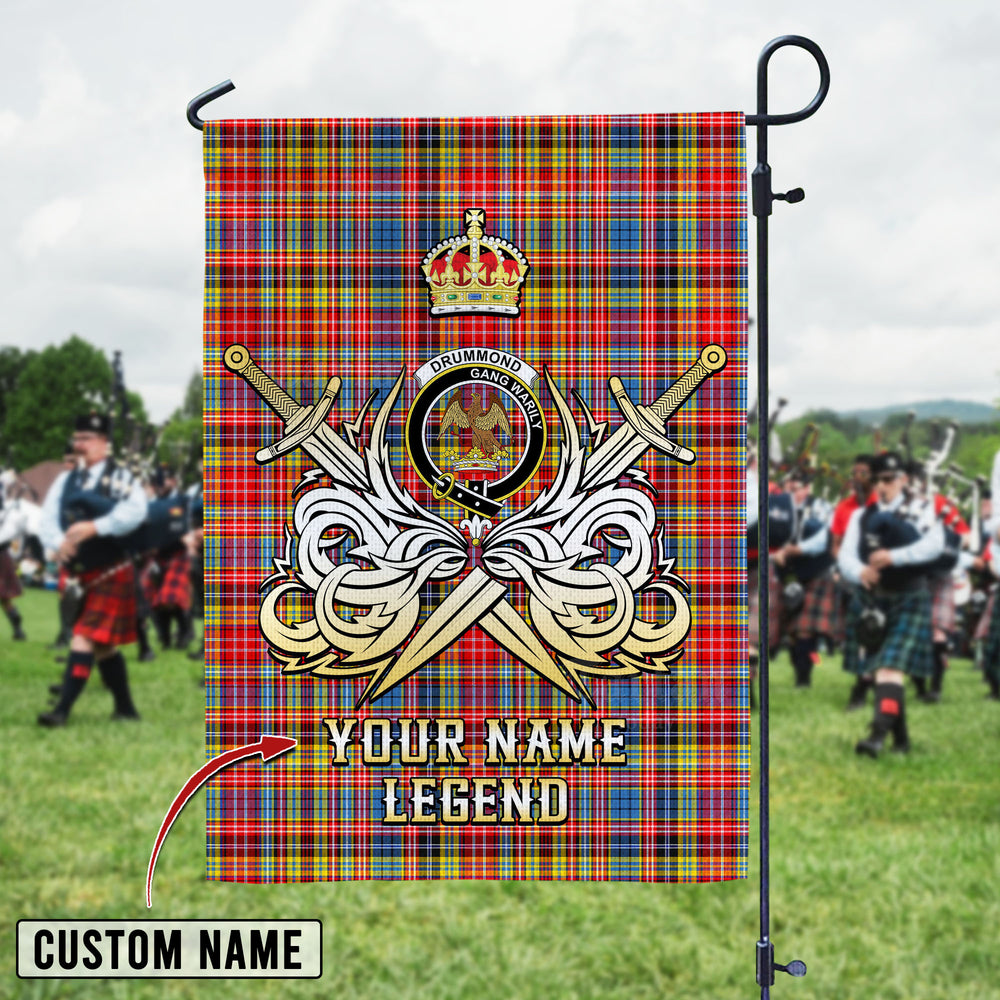 Personalized Custom Name Clan Drummond of Strathallan Tartan Garden Flag with Clan Crest and the Golden Sword of Courageous Legacy AD91 - Drummond of Strathallan Tartan Design, Scottish Heritage Gift