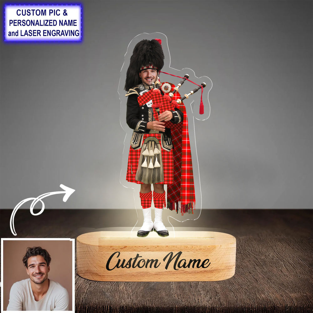 Custom Bagpipe Duke of Rothesay Modern Tartan LED Night Light - Personalized Scottish Bagpiper Figurine with Wooden Stand