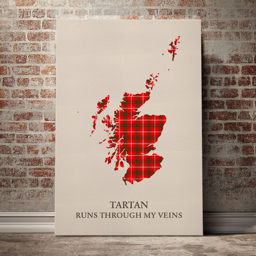 Duke of Rothesay Modern Tartan Scotland Map Canvas – “Tartan Runs Through My Veins” Wall Art