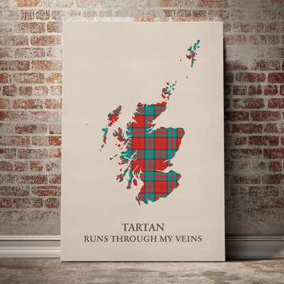Clan Dunbar Ancient Tartan Scotland Map Canvas “Tartan Runs Through My Veins” Wall Art DD30