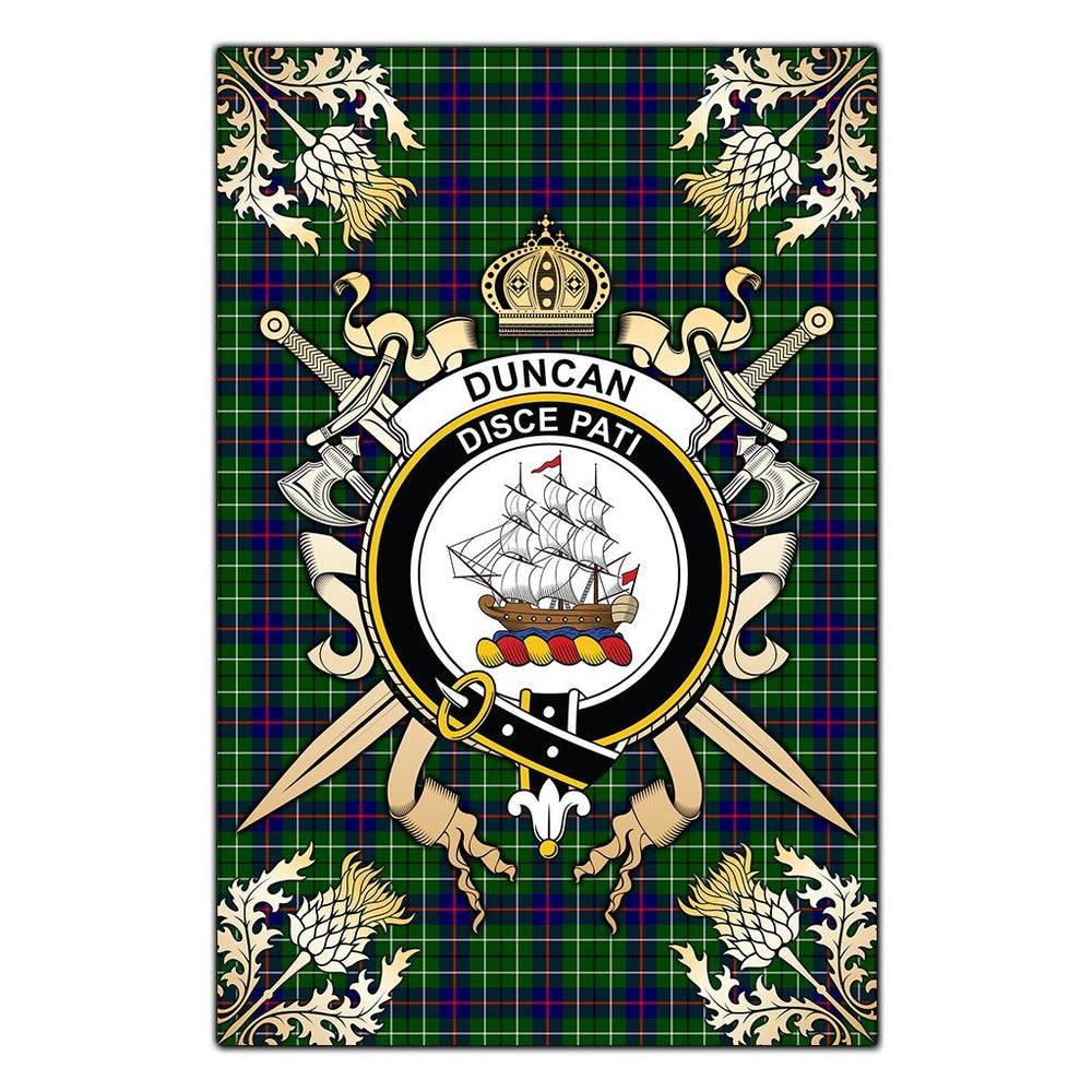 Clan Duncan Modern Tartan Crest Black Garden Flag - Gold Thistle MP24 Clan Duncan Tartan Today