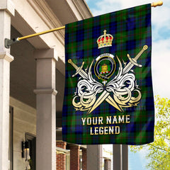 Custom Name Clan Dundas Modern Tartan Garden Flag with Clan Crest and the Golden Sword of Courageous Legacy AO31