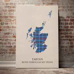 Elliot Ancient Tartan Scotland Map Canvas – “Tartan Runs Through My Veins” Wall Art