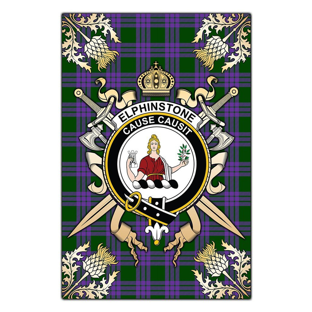 Clan Elphinstone Tartan Crest Black Garden Flag - Gold Thistle II29 Clan Elphinstone Tartan Today