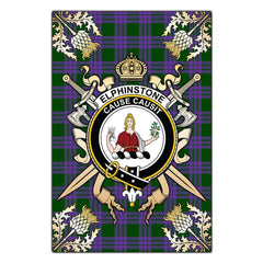 Clan Elphinstone Tartan Crest Black Garden Flag - Gold Thistle II29 Clan Elphinstone Tartan Today
