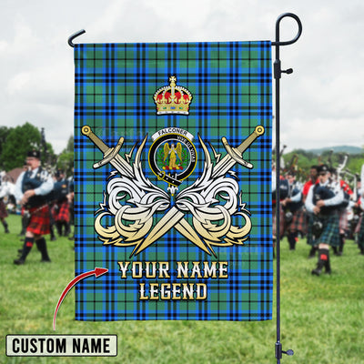 Custom Name Clan Falconer Tartan Garden Flag with Clan Crest and the Golden Sword of Courageous Legacy