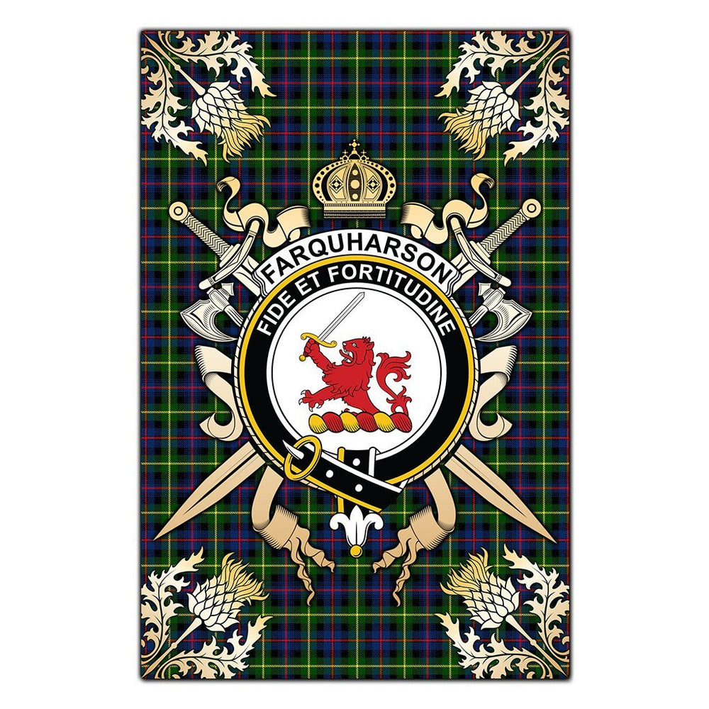Clan Farquharson Modern Tartan Crest Black Garden Flag - Gold Thistle II89 Clan Farquharson Tartan Today