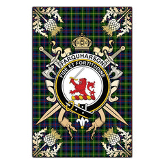 Clan Farquharson Modern Tartan Crest Black Garden Flag - Gold Thistle II89 Clan Farquharson Tartan Today