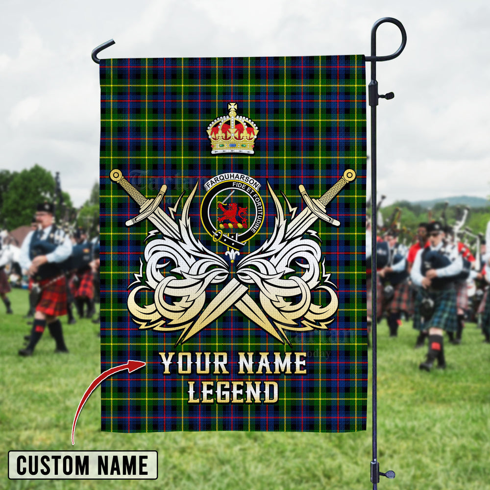 Personalized Custom Name Clan Farquharson Modern Tartan Garden Flag with Clan Crest and the Golden Sword of Courageous Legacy TR38 - Farquharson Modern Tartan Design, Scottish Heritage Gift