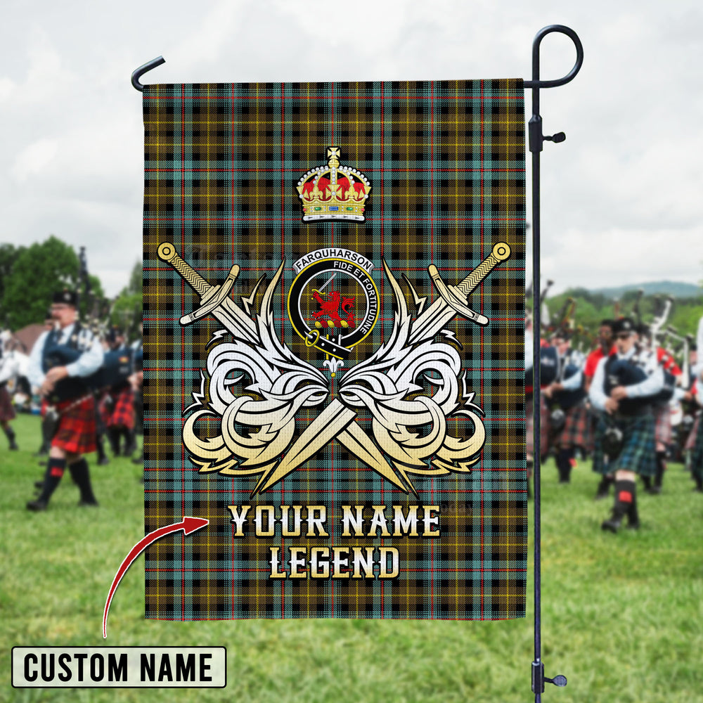 Personalized Custom Name Clan Farquharson Weathered Tartan Garden Flag with Clan Crest and the Golden Sword of Courageous Legacy MT45 - Farquharson Weathered Tartan Design, Scottish Heritage Gift