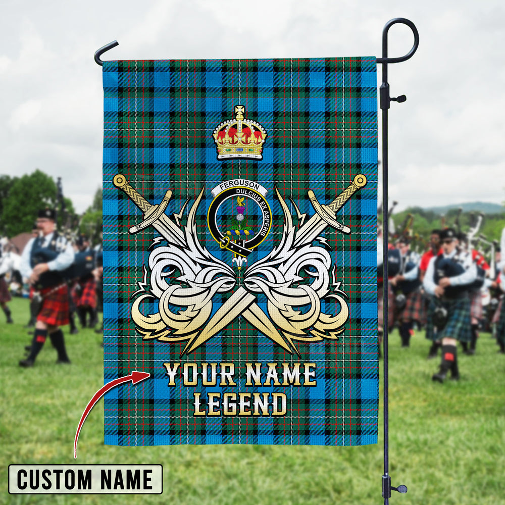Personalized Custom Name Clan Fergusson Ancient Tartan Garden Flag with Clan Crest and the Golden Sword of Courageous Legacy MM52 - Fergusson Ancient Tartan Design, Scottish Heritage Gift